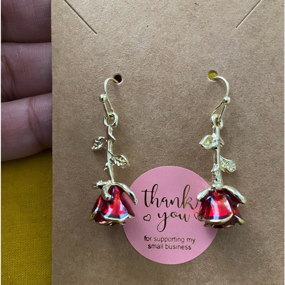 Red rose earrings. Reminiscent of beauty and the beast